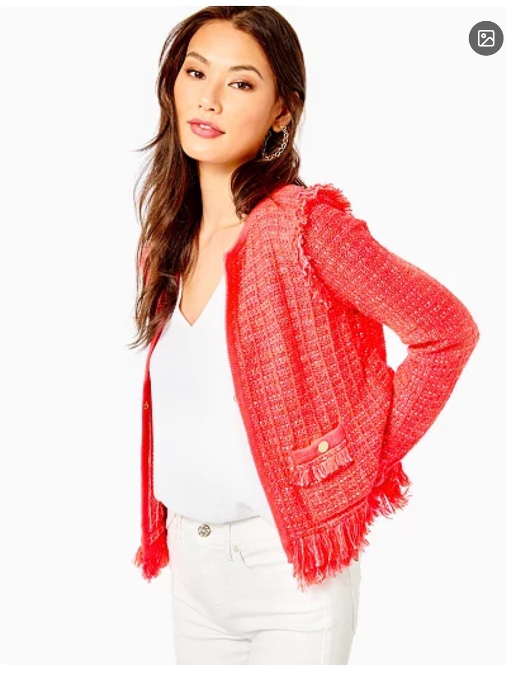 EUC Lilly Pulitzer Spicy Coral Exotic Tweed Simora Fringe Cardigan | L